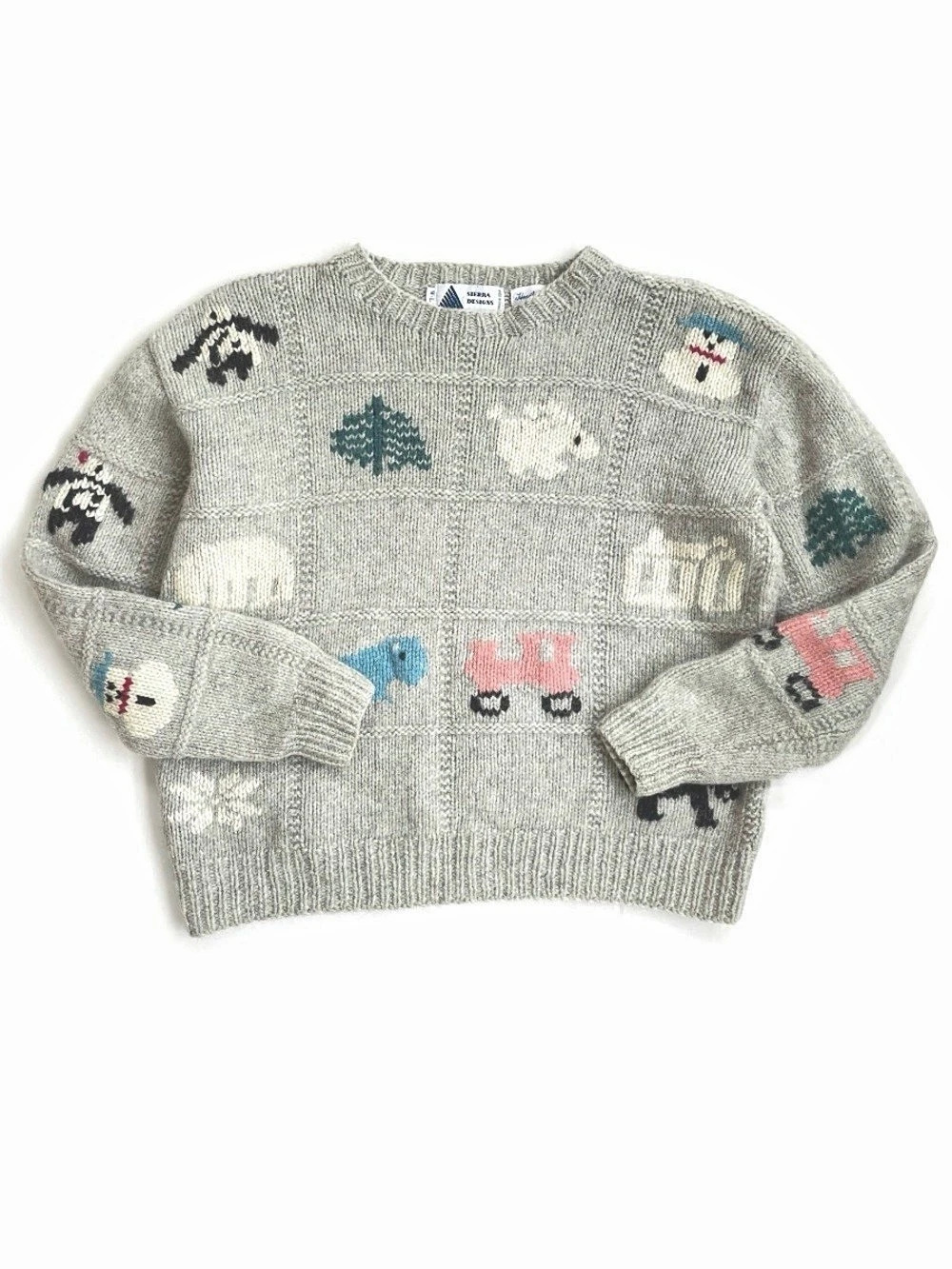 Sierra Designs Hand Knit Shetland Wool Sweater Animal and Nature Motifs, Grey,